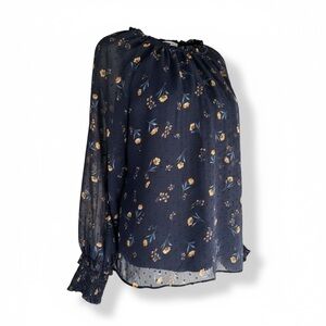Draper James Women's Navy Blue Floral Swiss Dot Smocked Blouse Top